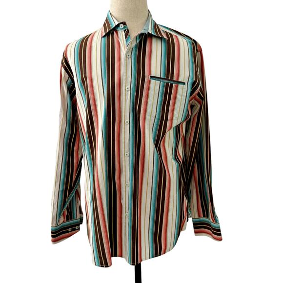 Tommy Bahama Cabana Lanes Brew Stripe Silk Blend L/S Button Down Shirt LARGE - Picture 2 of 8
